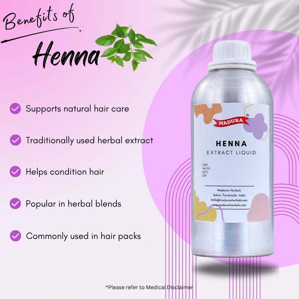 Henna extract liquid bottle with benefits listed