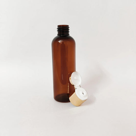 PET Round Bottle - Amber - 20mm Gold Flip Cap - 100mL