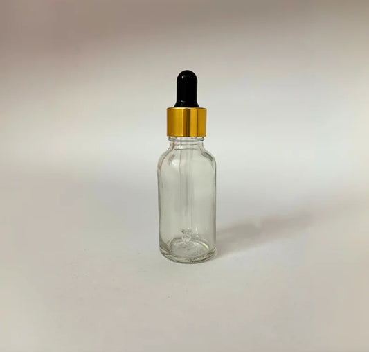 Glass Serum Bottle - Clear - Gold Dropper - 30mL