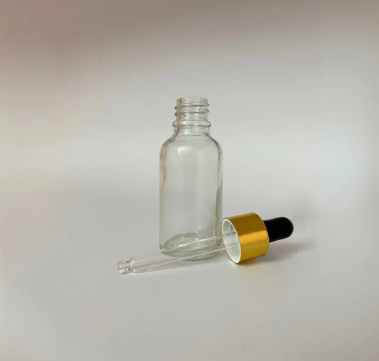 Glass Serum Bottle - Clear - Gold Dropper - 30mL