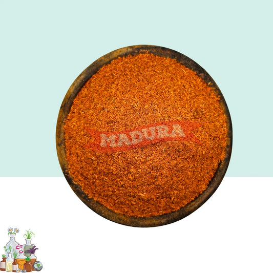 A wooden bowl with Manjista  Scrub Powder with White and Blue Background