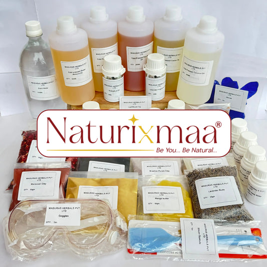 A product display of a herbal kit by Naturixmaa, featuring multiple white plastic bottles of various liquid preparations, loose herbal powders, dried herbs, a glass deco container, and white dropper bottles arranged on a white surface with a prominent brand logo overlay.