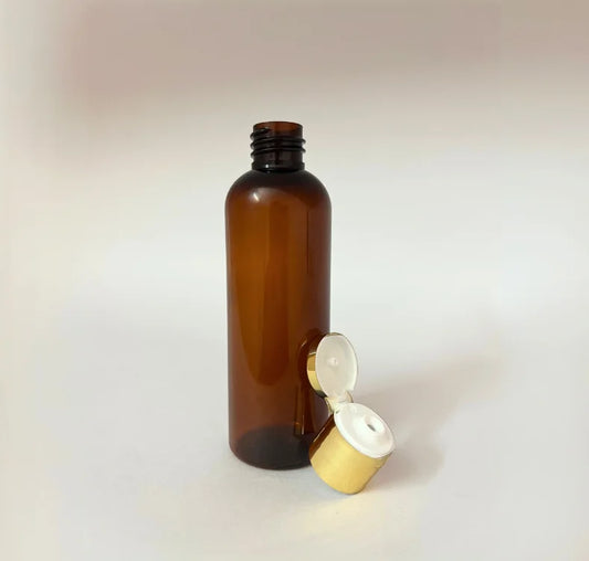 PET Round Bottle - Amber - Gold Flip Cap - 100mL