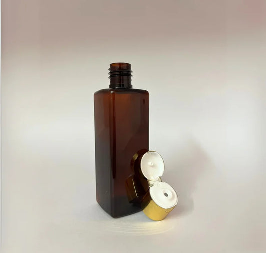 PET Square Bottle - Amber - Gold Flip Cap - 100mL