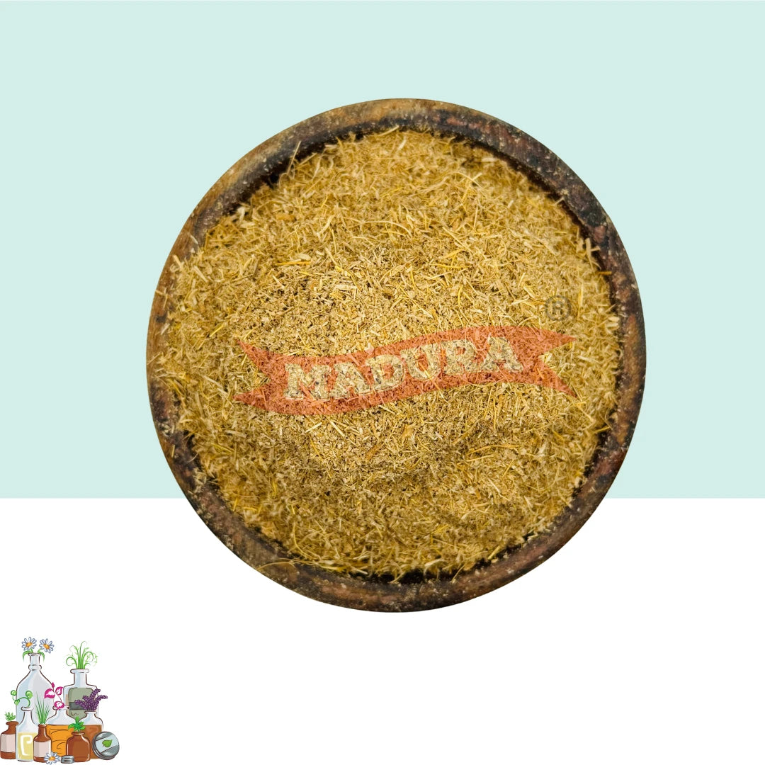 A wooden bowl with Vetiver Scrub Powder with White and Blue Background