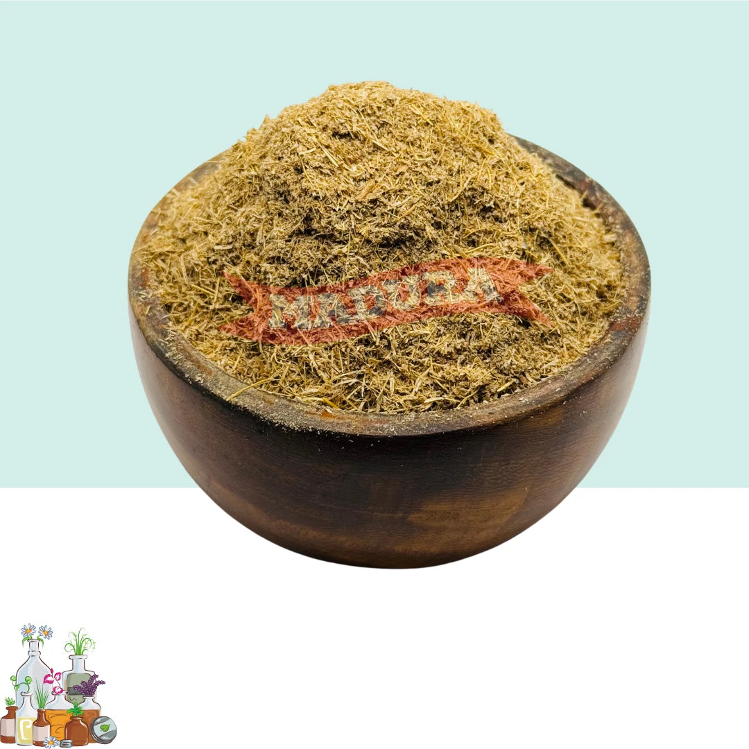A wooden bowl with Vetiver Scrub Powder with White and Blue Background