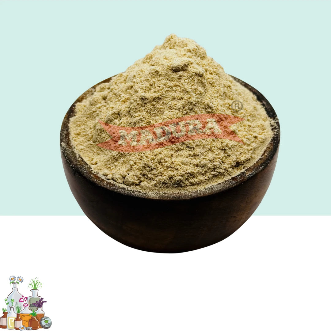 A mound of light tan powder piled in a dark wooden bowl, with a red 'NATURE' watermark across the center, set against a split light blue and white background.